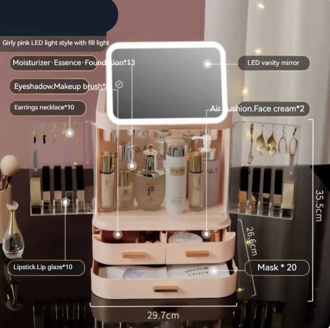 North Elara Lighted Makeup Mirror & Cosmetics Organizer